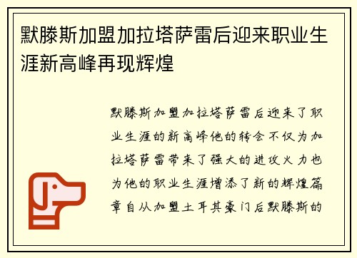 默滕斯加盟加拉塔萨雷后迎来职业生涯新高峰再现辉煌 默滕斯加盟加拉塔萨雷后迎来职业生涯新高峰再现辉煌